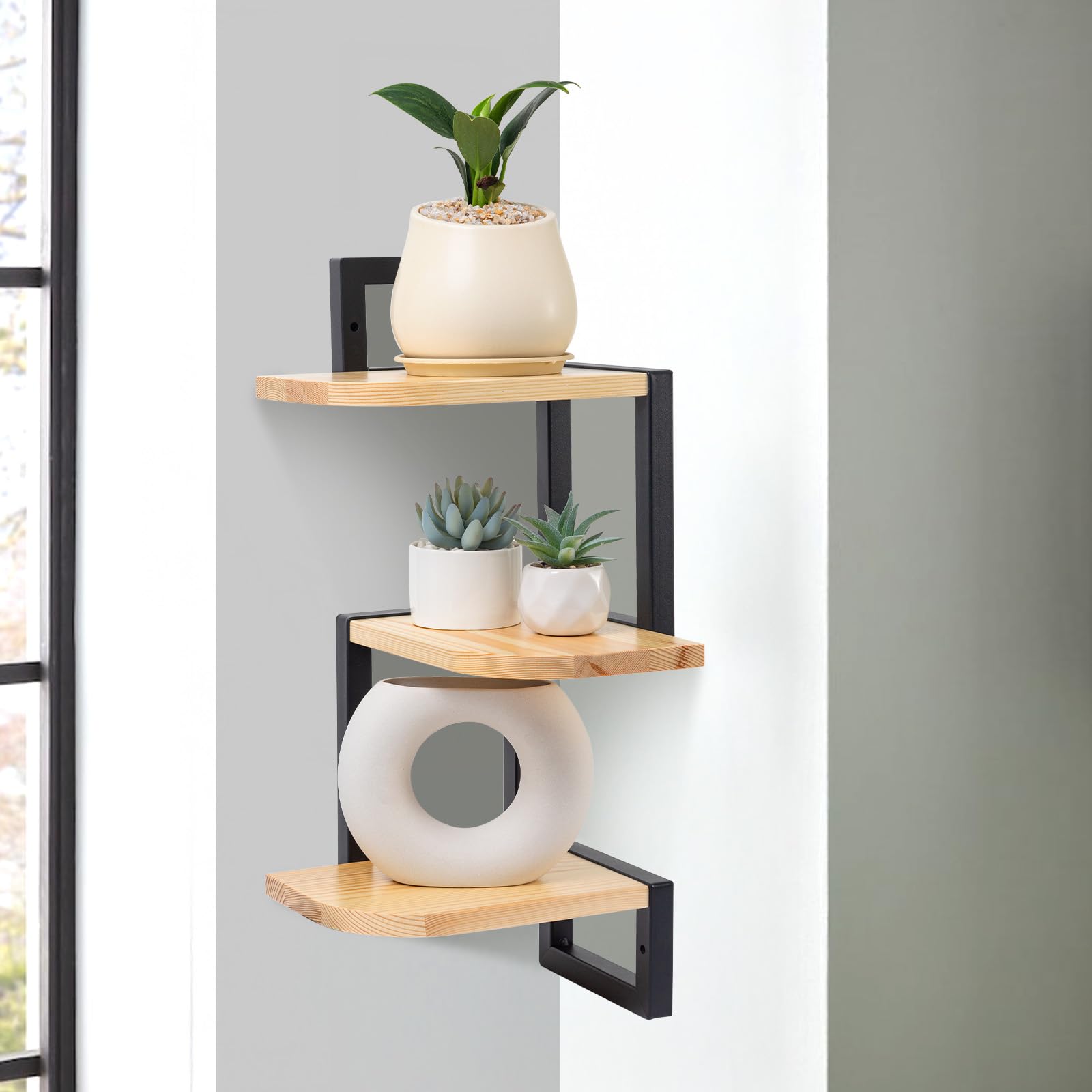 Set di 3 mensole angolari in legno rustico, marrone, per cameretta, libreria, bagno, soggiorno, cucina