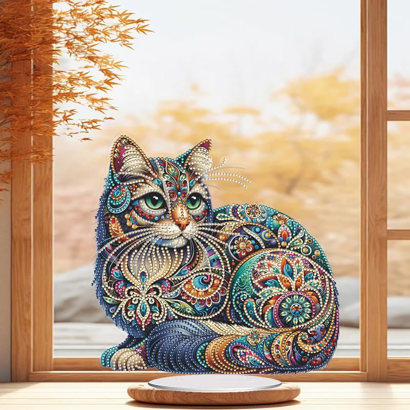 EiflowTabletop Diamond Art Painting Kit Cat, 9.4x9.6inch Stand Up Gem Painting Craft Kit for Adults, DIY Acrylic Special Diamonds Painting Desktop Placement Ornament Box Kit