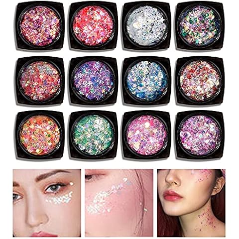 CkFyahp 12 Colours Face Glitter Gel for Body Holographic Chunky Cosmetic Glitter Gel Manicure Christmas Hair Nails Eyes Bling Sequins Halloween Makeup Mermaid Powder Shiny Flakes Cover