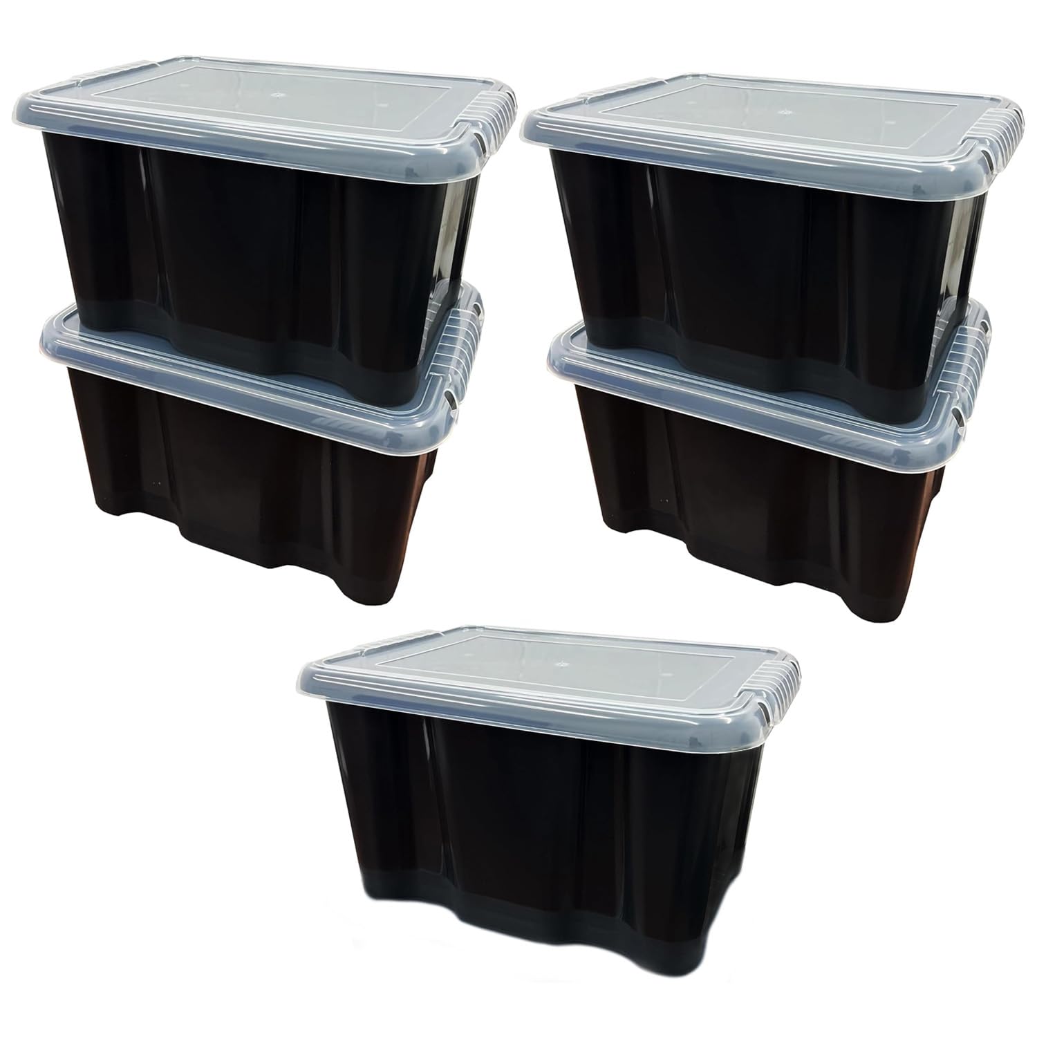 Pluto Packaging 5 x Strong Black 24 Litre Plastic Storage Boxes With Clear See Through Lids Ideal For Home & Office