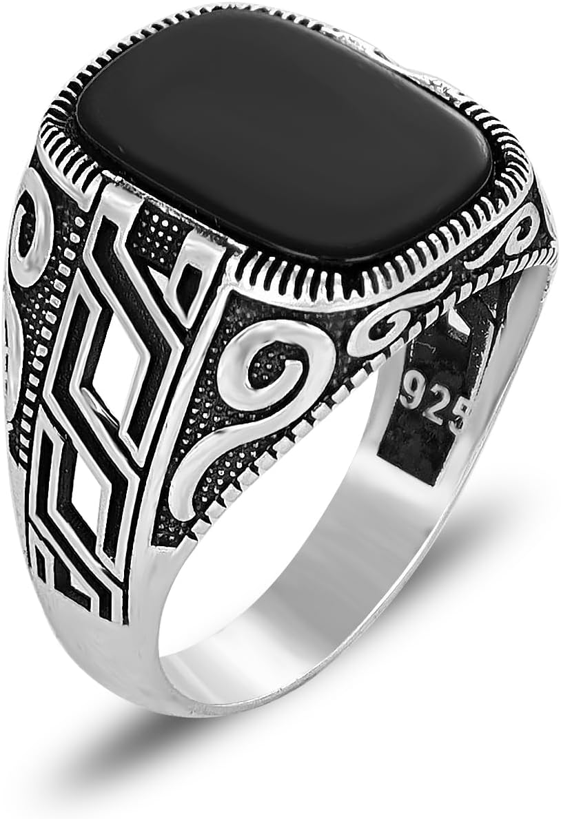 Linked Chain Design Onyx Stone Silver Ring, 925 Sterling Silver Mens Ring for Men, Handmade Silver Ring with Black Onyx Stone, Black Stone Ring, Gift for Men