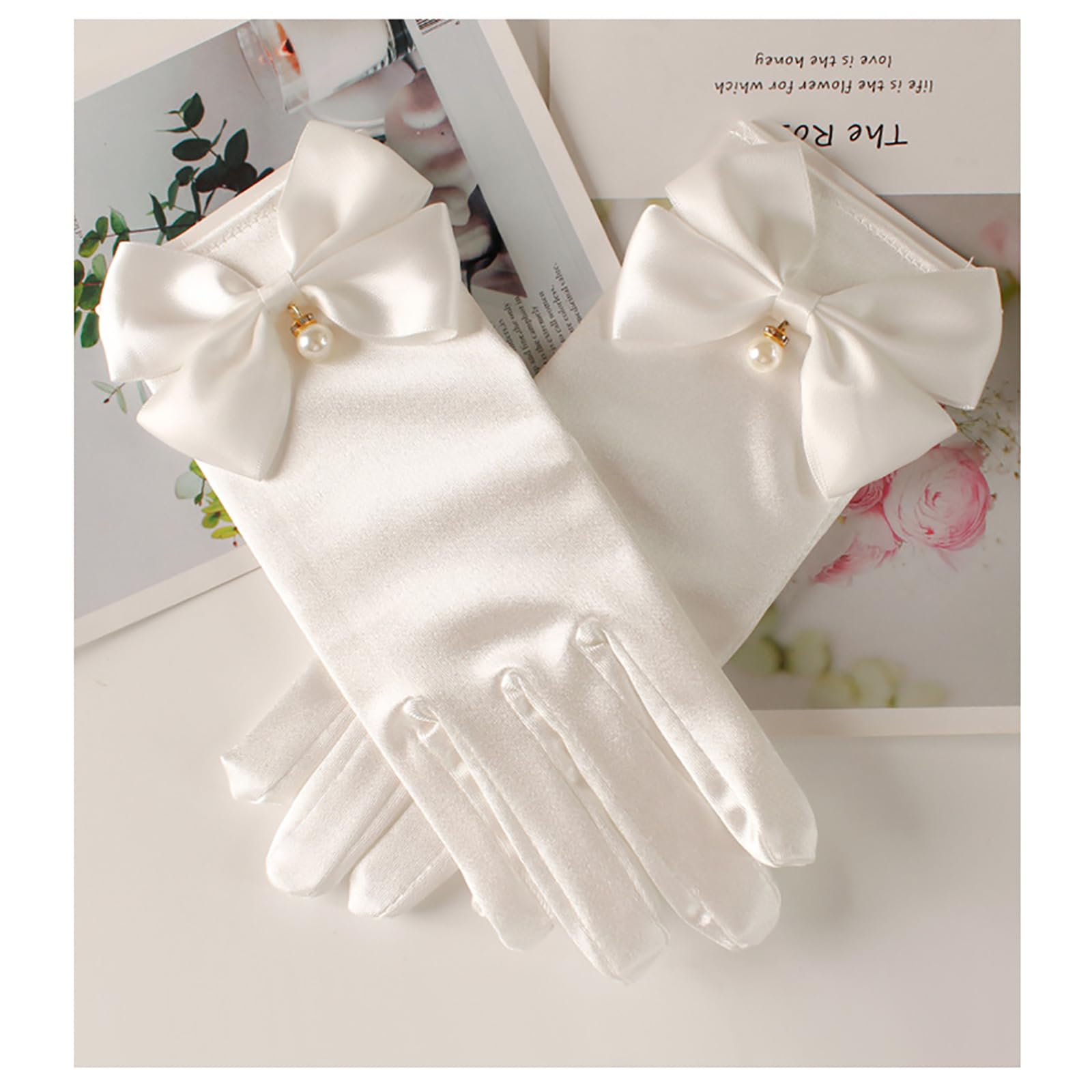 YUISI Ladies Lace Gloves/Bridal Wedding Lace Satin Gloves/White Princess Gown Gloves for Women, White Wedding Gloves for Masquerade, Party (A) 2