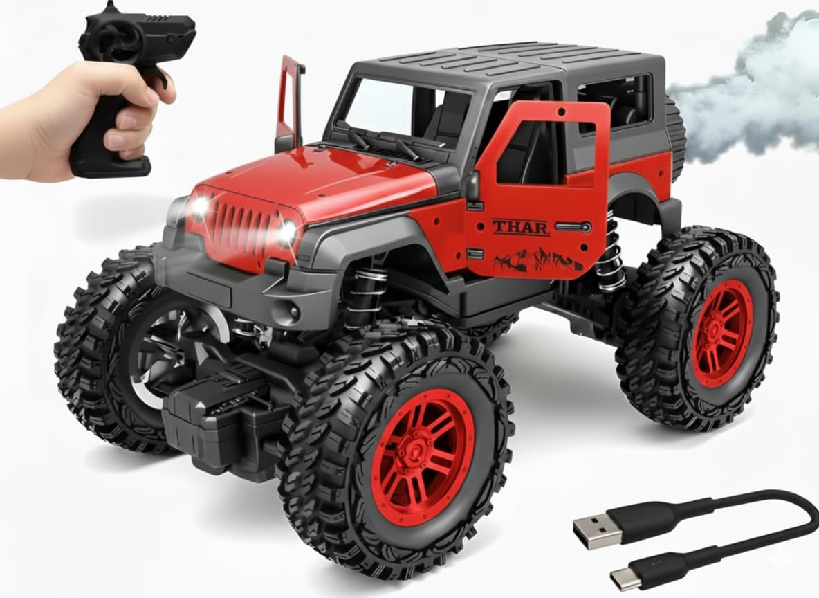 Brand Conquer Remote Control Off Road Car for Kids, Rechargeable Thar Toy with Mist Spray, Openable Doors, Front LED, Shock Absorbers, 2WD, Mobile Connect, USB-C Port & 75ft Range (Monster Red)-image-18
