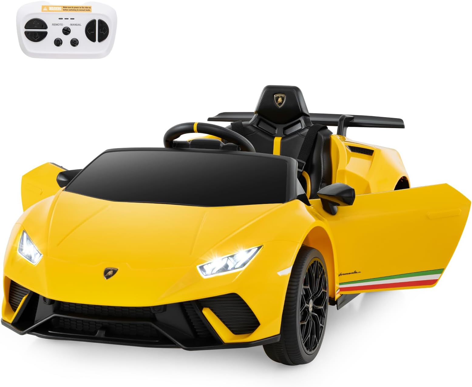 – COSTWAY 12V Kids Electric Ride on Car with Remote Control, LED Lights, MP3, Music, Horn, Soft Start & Spring Shock Absorbers, Licensed Lamborghini Battery Powered Toy Vehicle for Boys Girls (Yellow)
