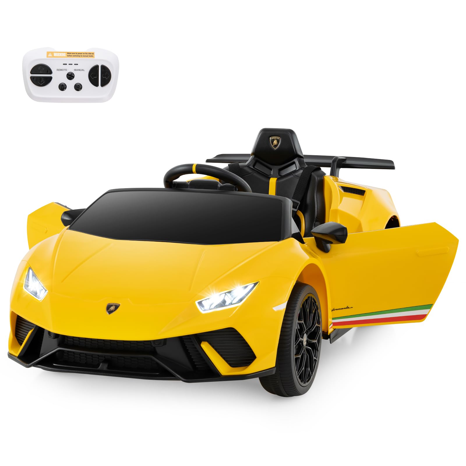 COSTWAY 12V Kids Electric Ride on Car with Remote Control, LED Lights, MP3, Music, Horn, Soft Start & Spring Shock Absorbers, Licensed Lamborghini Battery Powered Toy Vehicle for Boys Girls (Yellow)