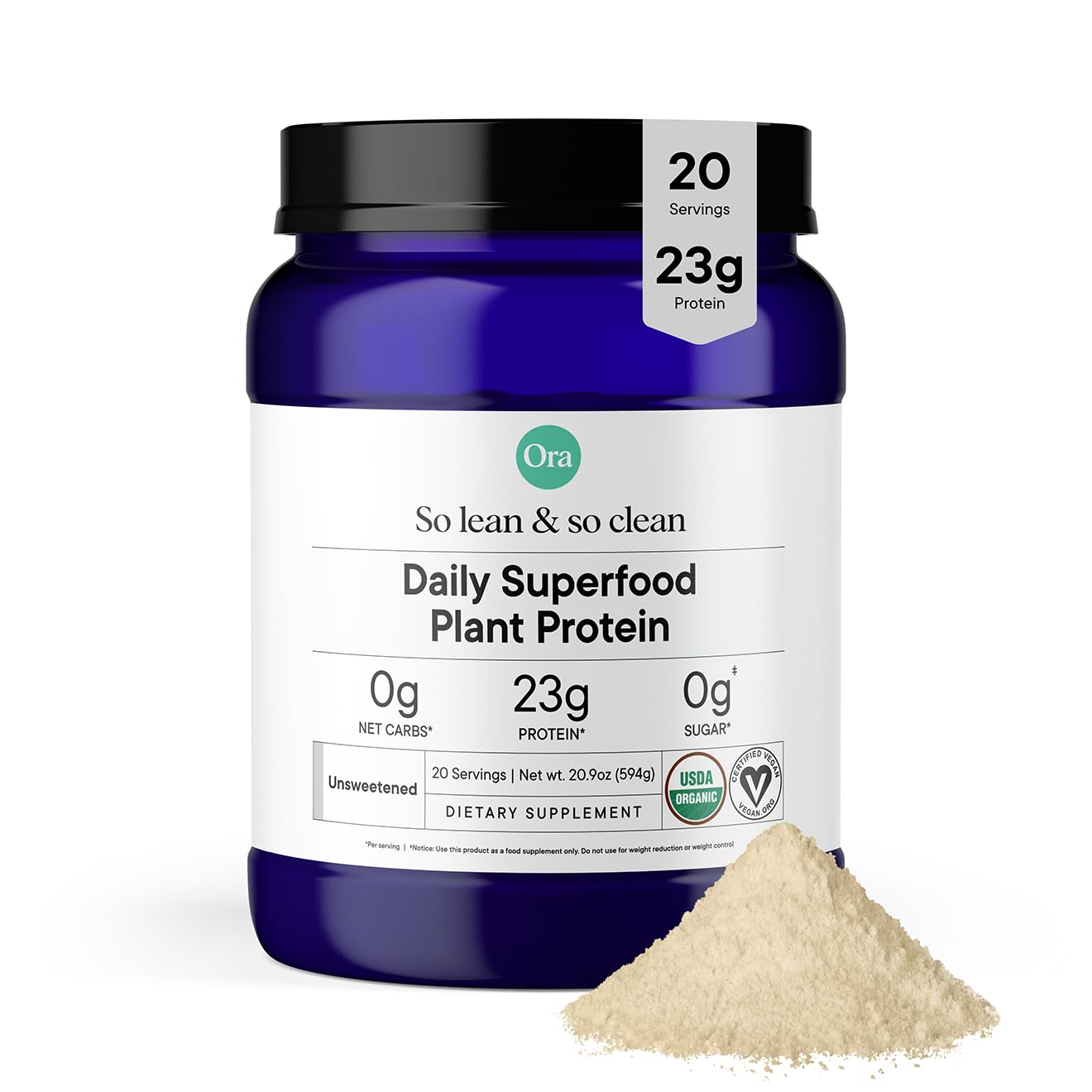 Ora Organic Vegan Protein Powder - 23g Plant Based Pea Protein + Superfood for Women and Men - Unsweetened 20 Servings, No Erythritol, Digestive Enzyme, Keto-Friendly, Gluten-Free, Paleo, Soy-Free