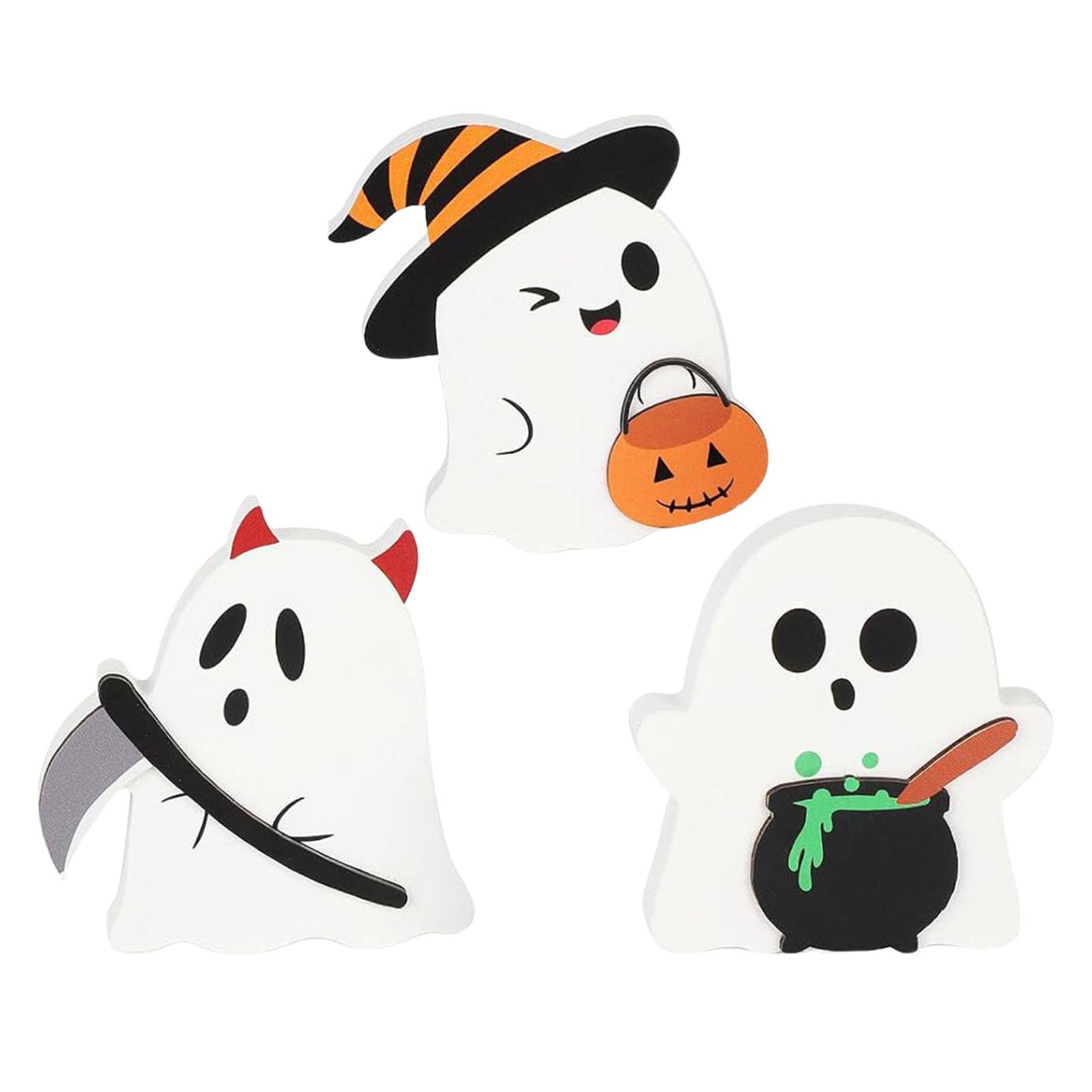 ZhzeYun 3Pcs Wooden Halloween Ghost Figurines, Cute Candy Pumpkin & Cauldron Tabletop Decor, Freestanding Tiered Tray Centerpieces for Home, Party & Bakery 3pcs