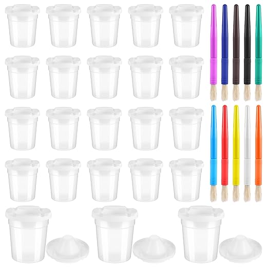 24 Pack No Spill Paint Cups with Lids for Kids with Painting Brush Set, Reusable Plastic Spill Proof Paint Cups for Painting School Classroom Art Crafts Supplies