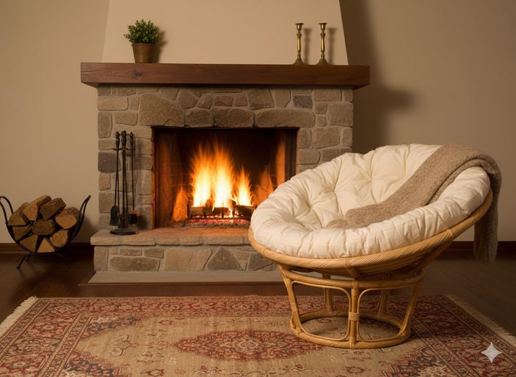 POLTRONA IN RATTAN VIMINI NATURALE PAPASAN Ø 115 CANNA CON TORCIGLIONE COMPLETA DI CUSCINO PANNA POLTRONA ROTONDA NON RATTAN SINTETICO