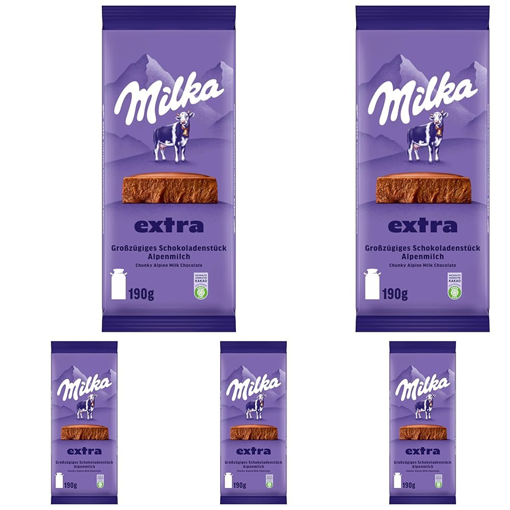Milka Extra Alpenmilch – Großzügiges Schokoladenstück aus Alpenmilch Schokolade – 190 g (Packung mit 5)