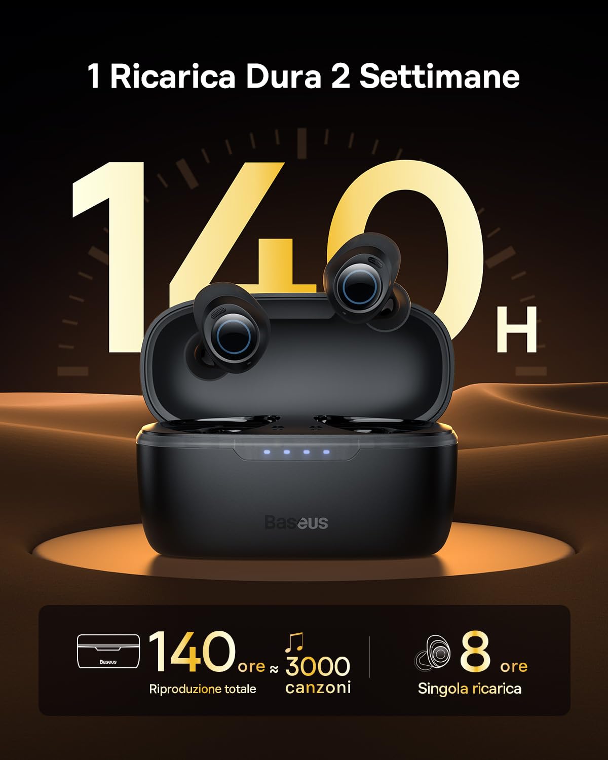 Baseus Cuffie Bluetooth con Cancellazione Attiva Ibrida del Rumore da -48dB, Riproduzione di 140 0re, Waterproof IPX6, 4 Microfoni ENC, Bassa Latenza di 0,038s, Auricolari Bluetooth 5.3 - Bowie MA10