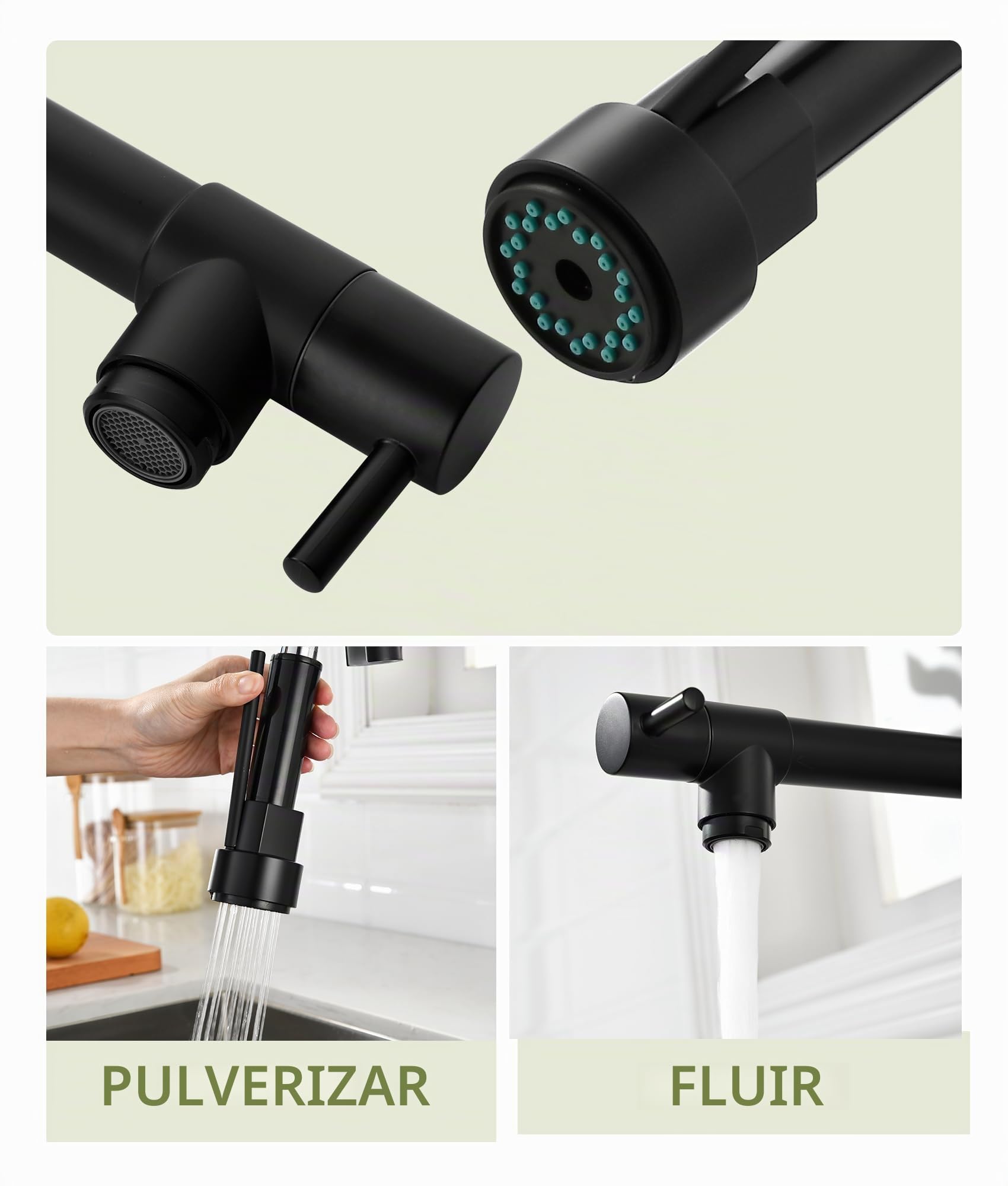 Grifo de cocina - Grifo de cocina con ducha extraíble, giratorio a 360°, mezclador de alta presión para cocina, grifo de fregadero de cocina de doble pulverización en acero inoxidable, negro