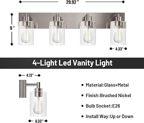 Miniatura 2 de Lámparas de tocador de baño de 4 luces, moderna lámpara de baño con vidrio transparente acabado de níquel cepillado sobre espejo para cocina,