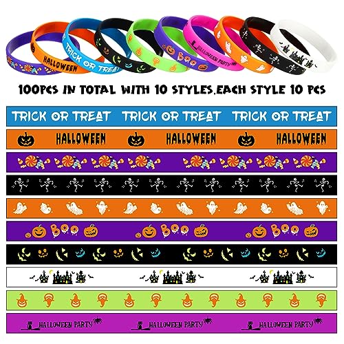 Hiboom 100 Pcs Halloween Rubber Bracelets - 10 Styles, Party Favors & Gifts, Goodie Bag Fillers, Supplies & Giveaways