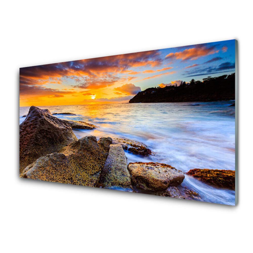 Tableau moderne en verre trempé pour salon - Paysage marin et soleil format 100x50 cm