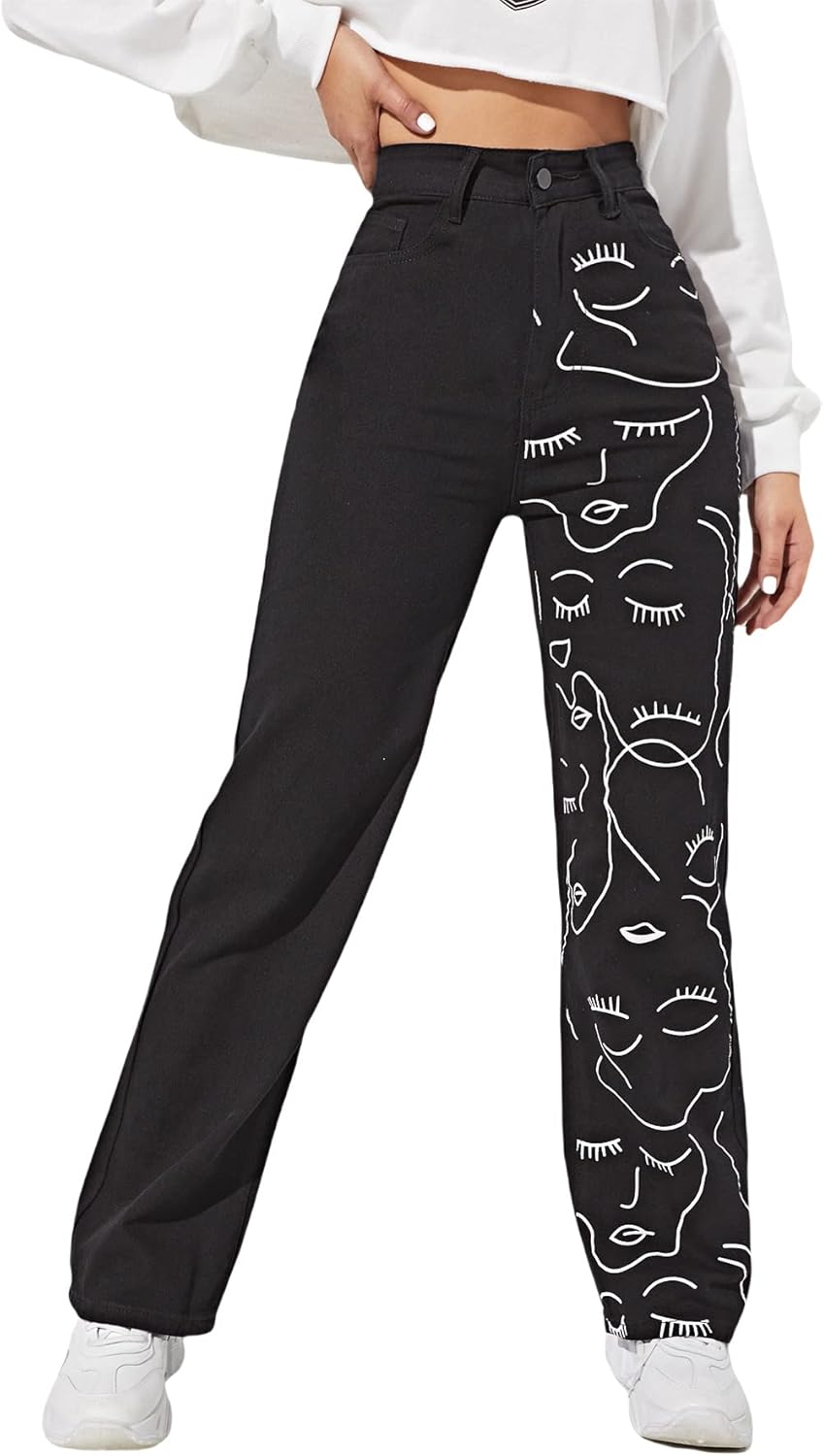 WDIRARA Women's Graphic Print High Waist Wide Leg Jeans Button Denim Pants