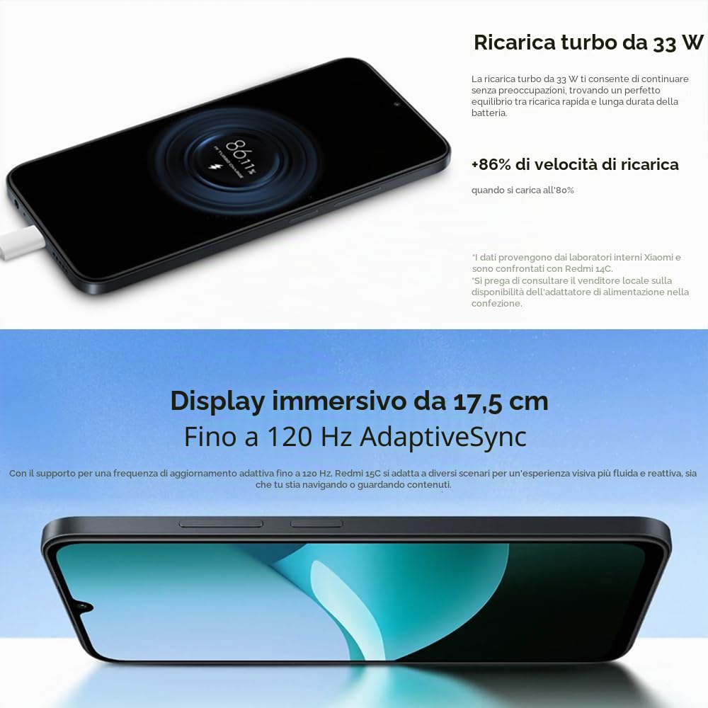 XIAOMI Redmi 15C Smartphone 8GB+256GB 50MP Sistema di doppia fotocamera AI Display immersivo da 6,9" Potente processore octa-core Batteria massiccia da 6000mAh Alimentato da ricarica rapida 33W
