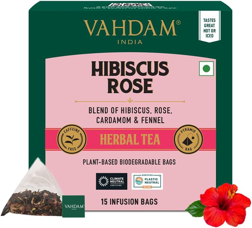 VAHDAM, Hibiscus Flowers Herbal Tea Bags (15 Count) Caffeine Free, Non GMO, Gluten Free Hibiscus Tea | Floral Flavor Tisane - Hibiscus Rose Petals & Exotic Spices | Resealable Ziplock Pouch
