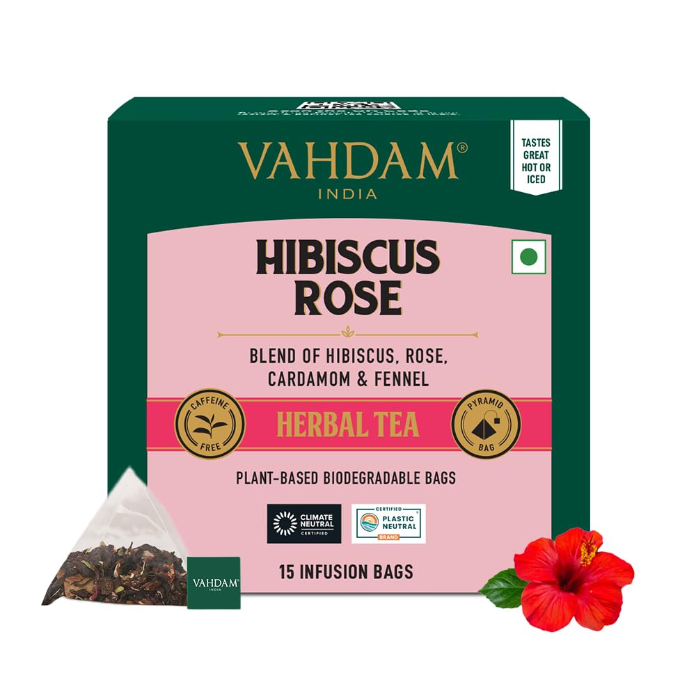 VAHDAM, Hibiscus Flowers Herbal Tea Bags (15 Count) Caffeine Free, Non GMO, Gluten Free Hibiscus Tea | Floral Flavor Tisane - Hibiscus Rose Petals & Exotic Spices | Resealable Ziplock Pouch Hibiscus Rose 15 Count (Pack of 1) (Best before Jun 2026)