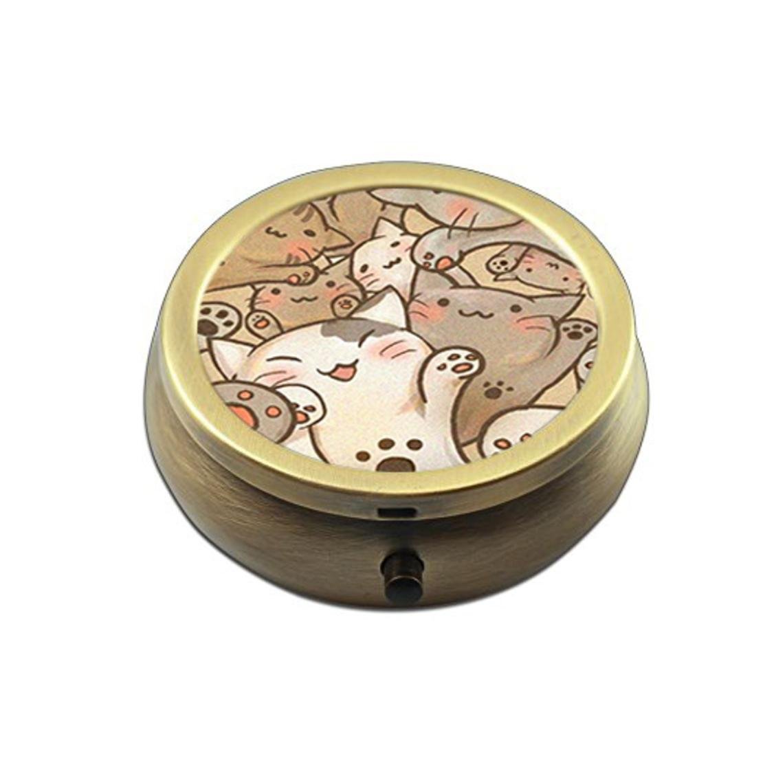 Cheyanne Vega Pill Box Case Round Bronze Weekly Pill Organizers Case Decorative Boxes- Custom Fashion Style Bronze Pill Box Case for Purse- 3 Compartments Pill Box/Pill Case Pocket (Cute Cats)