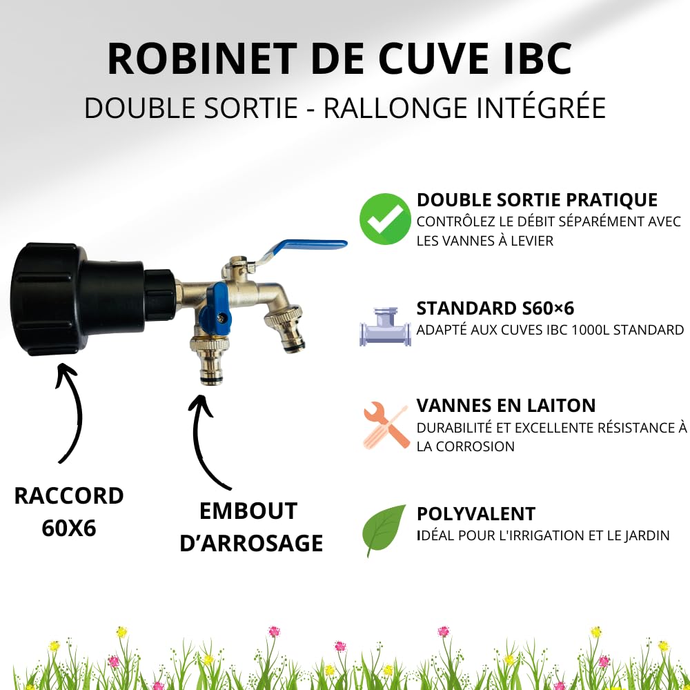 Robinet Cuve 1000L 1/2 S60X6 IBC- Extension Intégrée, raccord cuve 1000 litres, Double Sortie avec Rallonge Raccord Rapide & Étanche – Idéal pour Jardinage, Remplissage et Arrosage simultané