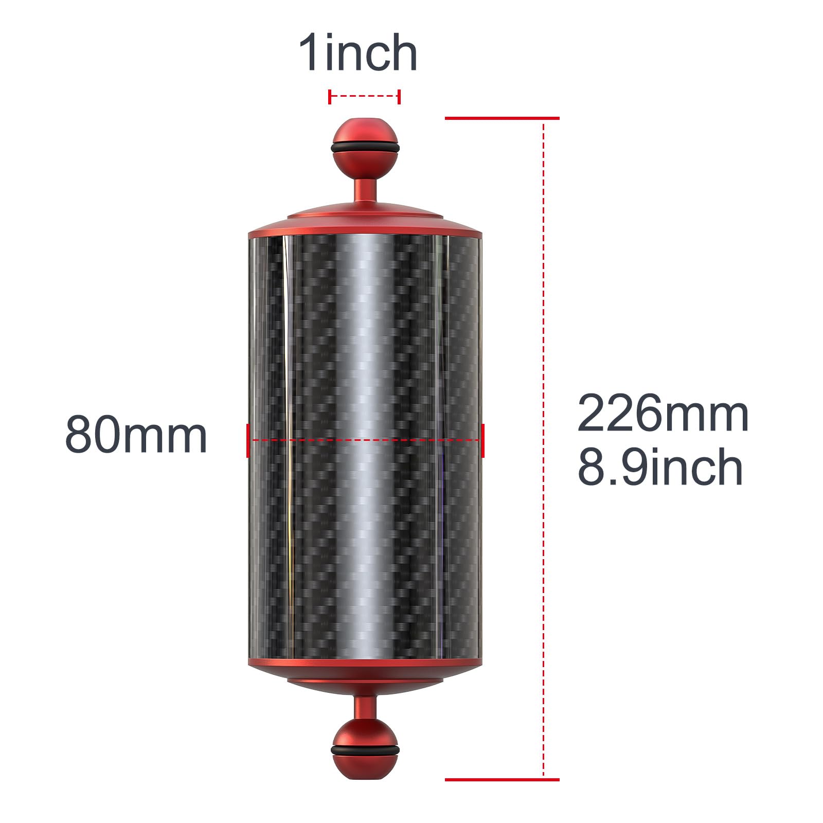 Carbon Fiber Underwater Float Arm with Dual Ball Mounts for Photography and Video, Compatible with Diving Trays, Video Lights, Strobes (red, 80mm8')