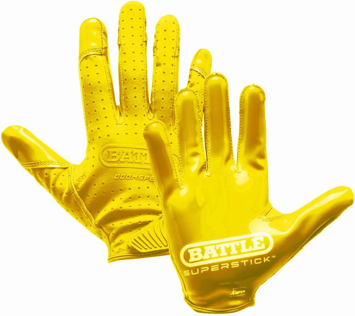 Battle Sports Doom Speed Football Receiver Gloves, SuperStick Palm, PrecisionFit Material, Adult & Youth (Yellow, XX-Large, Adult)