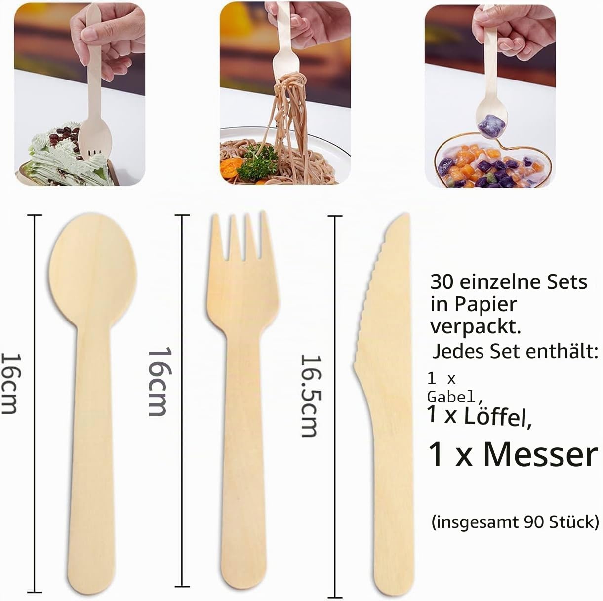 Einwegbesteck aus Holz [150 Stück / 50 set] - Nachhaltiges Besteck für Camping, Party, Einzelverpackung aus Kraftpapier,Gabel-Messer & Löffel - 100% natürlich, biologisch abbaubar & BPA-frei