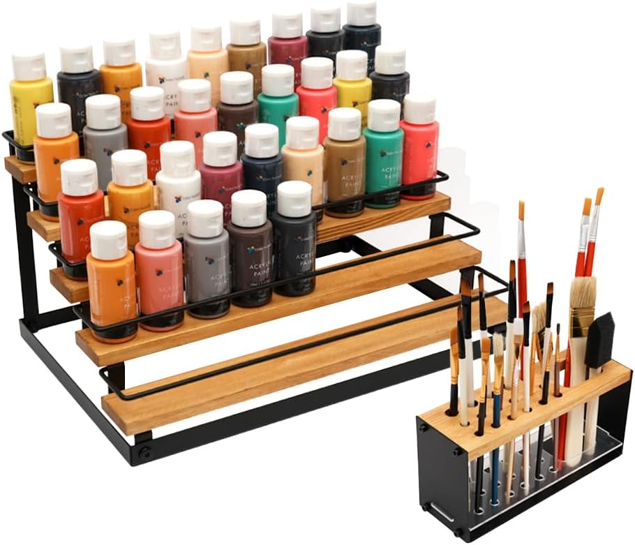 J JACKCUBE DESIGN Craft Paint & Brush Organizer 5 Tier Storage Rack, Holds 50 Citadel & Vallejo Bottles and 17 Brushes, Black -MK1031A