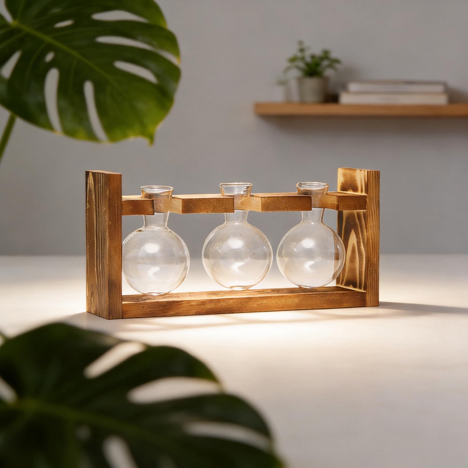 Ensemble de vases Porte-Plantes de Table, Bouteilles en Verre avec Cadre en Bois, présentoir de Petites Fleurs, décoration intérieure, Station de Propagation, Trio de vases à bourgeons, Porte-Plantes