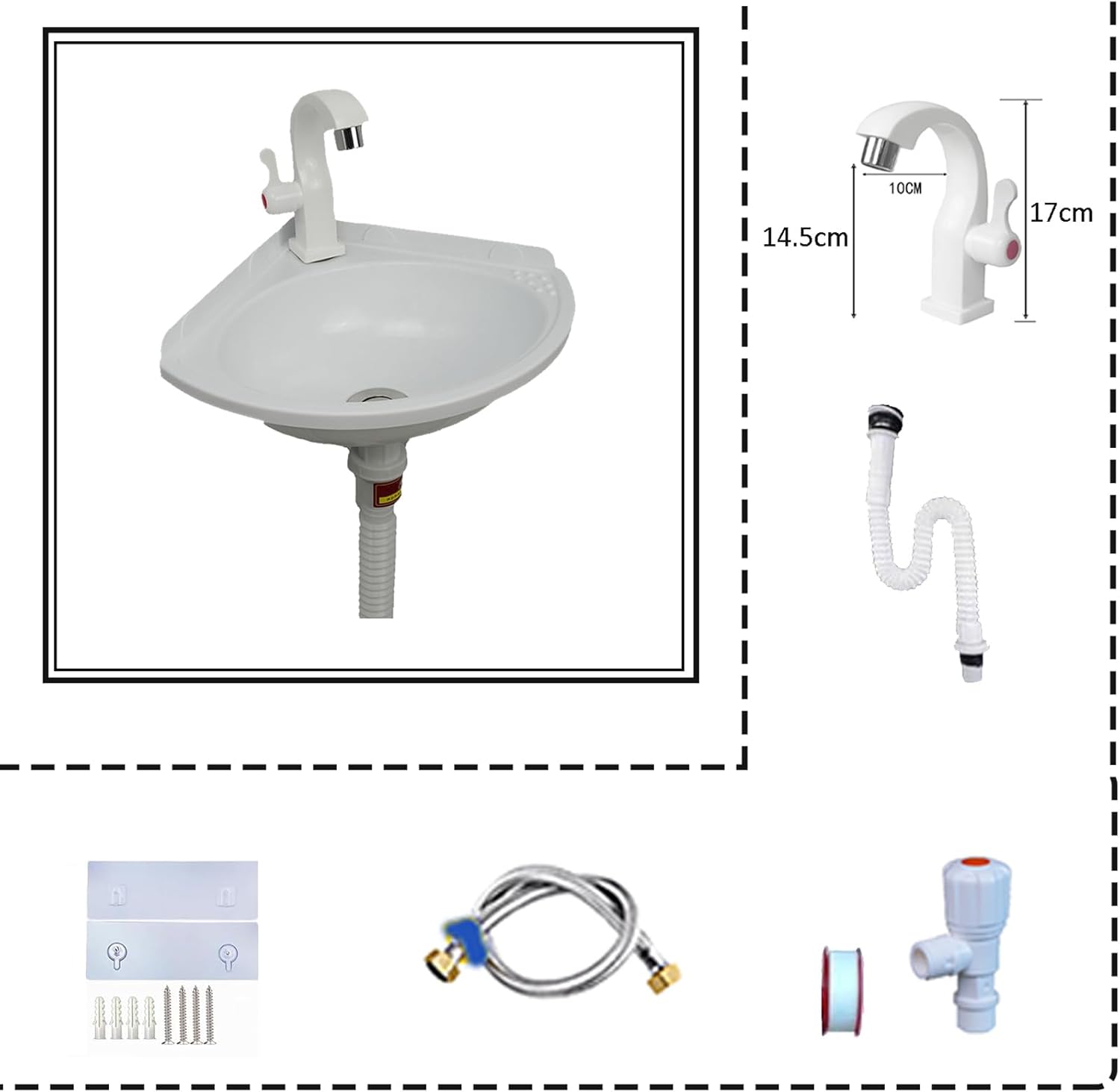 Wall Mounted Plastic Triangle Sink - Compact No Drill Mini Basin for Rv, Camper, Home Use - Multifunctional Portable Single Bowl Corner Washbasin(White)
