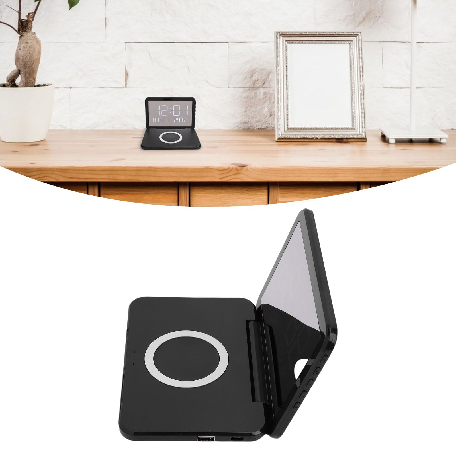 Orologio con Ricarica Wireless, Design Pieghevole con Specchio LED, Caricabatterie Rapido da 15 W per la Scrivania 'ufficio della Camera da Letto (BLACK)