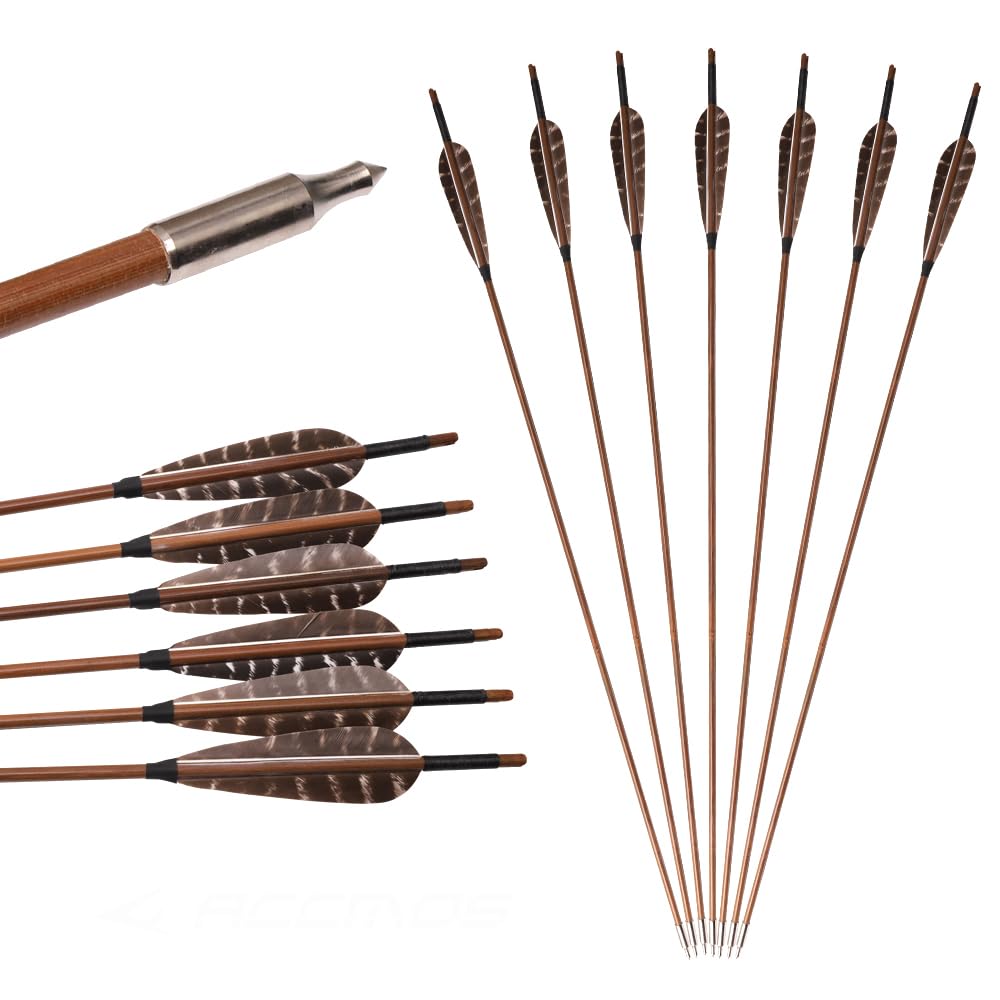 12 pz Frecce di bambù 33” Lunghezza Albero OD 7mm 8mm 5" Piuma di Tacchino Freccia de 2 Vane per Arco Ricurvo Tradizionale Arco Lungo Caccia Pratica di Tiro con L'Arco