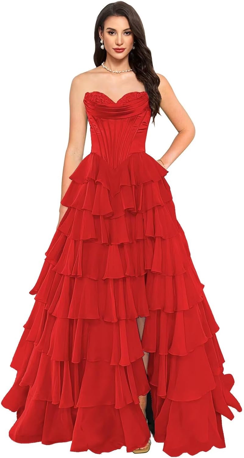 SHSUREVE Strapless Corset Prom Dresses for Women Tiered A Line Chiffon Formal Evening Party Gown with Slit
