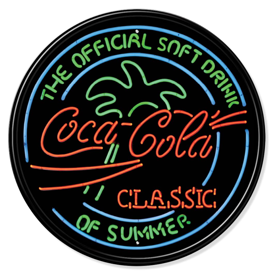 Desperate Enterprises Coke Neon Round Coca-Cola Classic Neon Round Aluminum Sign With Embossed Edge - Nostalgic Vintage Metal Wall Décor - Made In Usa