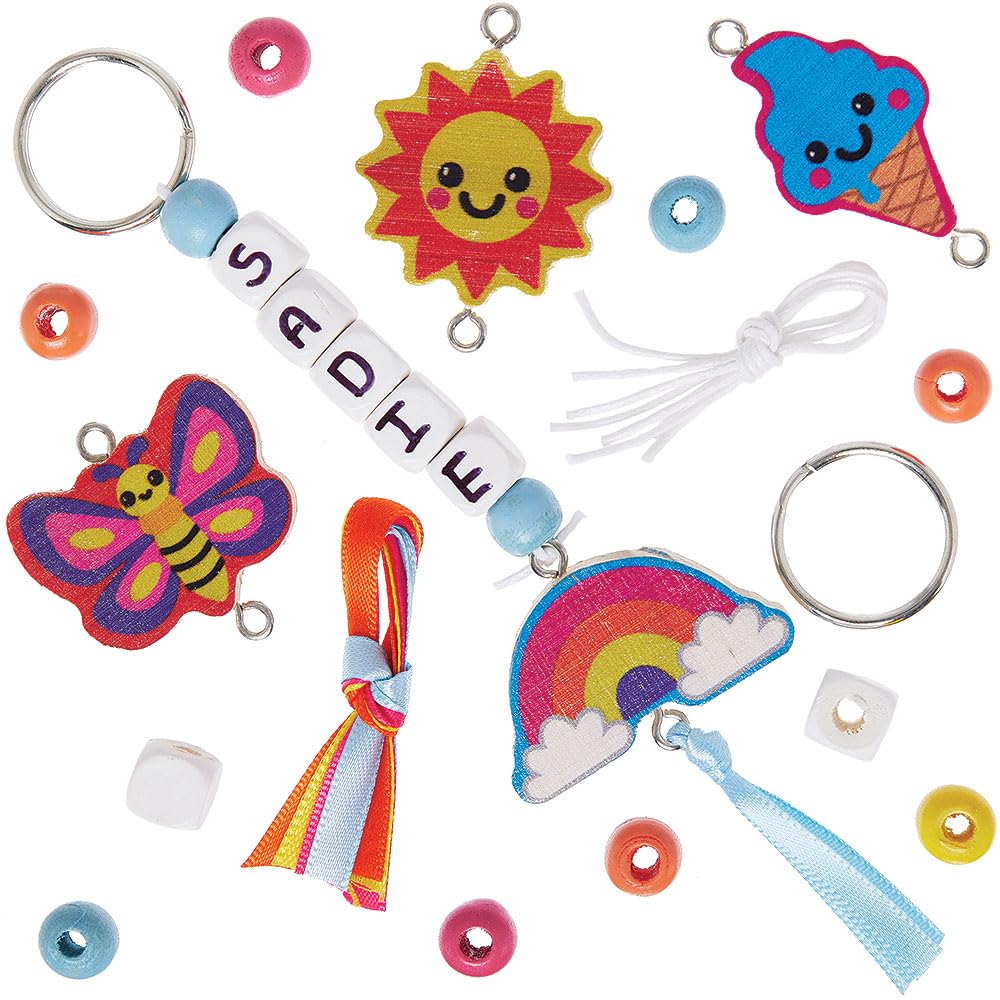 Baker Ross VC125 Design Your Own Keyring & Bag Dangler Kits - Pack of 4, Personalised Wooden Bead Charms
