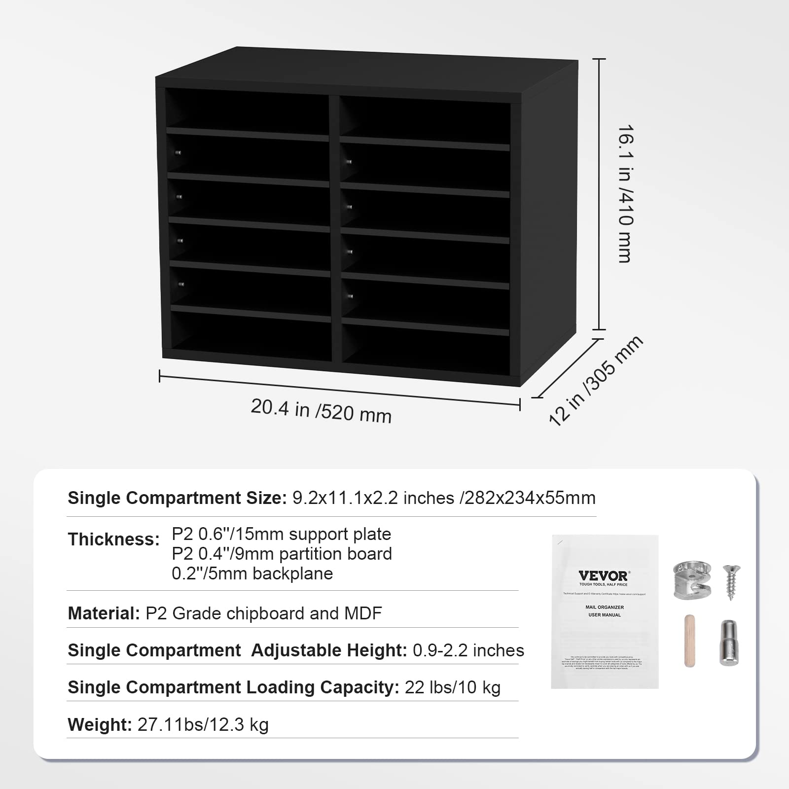 VEVOR Organizador de Literatura de madera Aglomerado Estante de Almacenamiento de Documentos de 12 Compartimentos 52x30,5x41 cm Clasificador de Literatura con Estantes Ajustables para Oficina, Negro