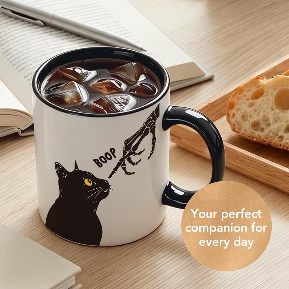 Black Cat Skeleton Hand Boop Mug, Ceramic Cup Gifts for Cat Lovers 11oz
