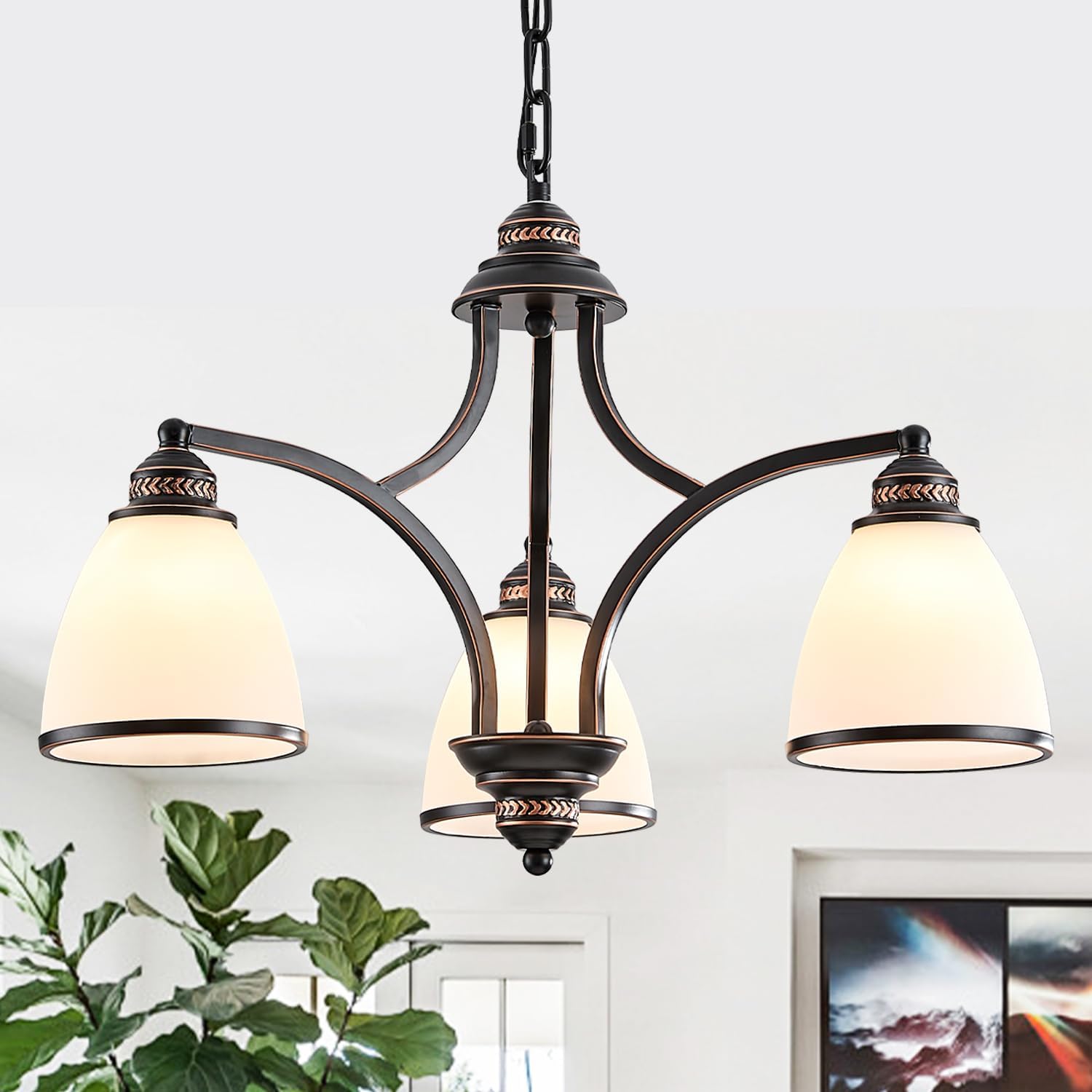 3 Light Classic Rustic Chandelier for Farmhouse with Milk White Frosted Glass Shades Black Dining Room Light Adjustable Height Ceiling Hanging Light Fixtures for Dinner Table, Kitchen Island, Entryway Black 3-Light Chandelier