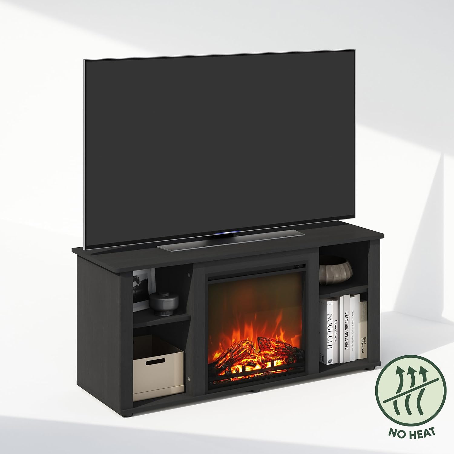 Furinno Jensen Fireplace TV Stand, NO Heat Decorative Electric Fireplace TV Stand for TV up to 55 Inch, with Open Storage, for Living Room, Americano