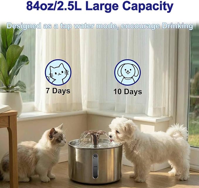 Fuente de agua para gatos de acero inoxidable, 2.5L, silenciosa, USB miniatura 5