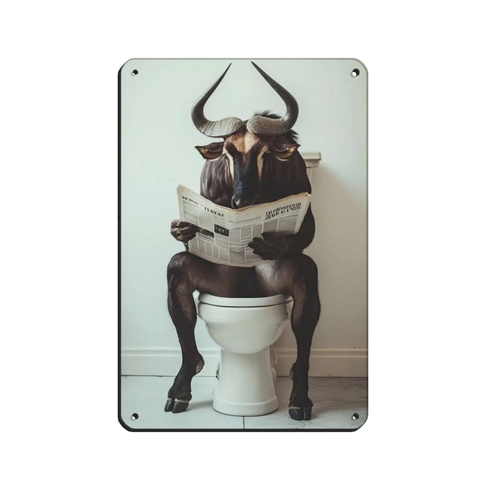 Wildebeest Sitting on Toilet Reading Newspaper Retro Poster Metal Tin Sign Chic Art Retro Iron Painting Bar People Cave Cafe Family Garage Poster Wall Decoration 8x12inch(20x30cm)