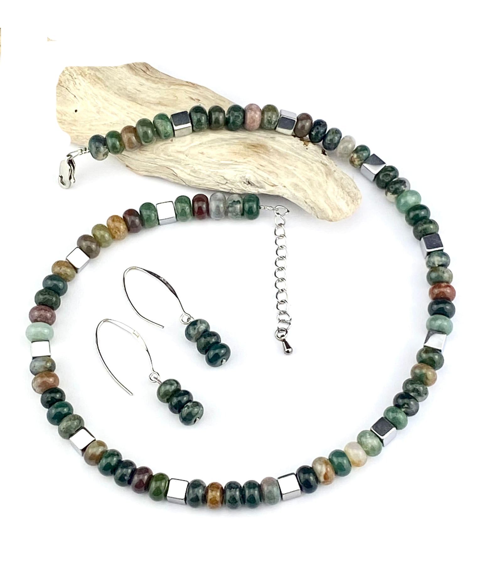 Handgemachte Moos Achat Perlen Kette mit versilberten Hämatit Würfel, Edelstahl Verschluss Unikat Edelsteinkette