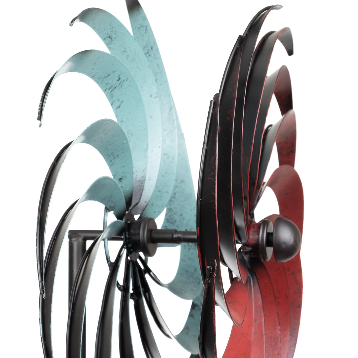 Molinillo de viento de metal para jardín, 175 cm de alto, doble caña, diámetro de 34 cm, color rojo y turquesa, resistente a la intemperie, para jardín, jardín, jardín, molinillo de viento de metal