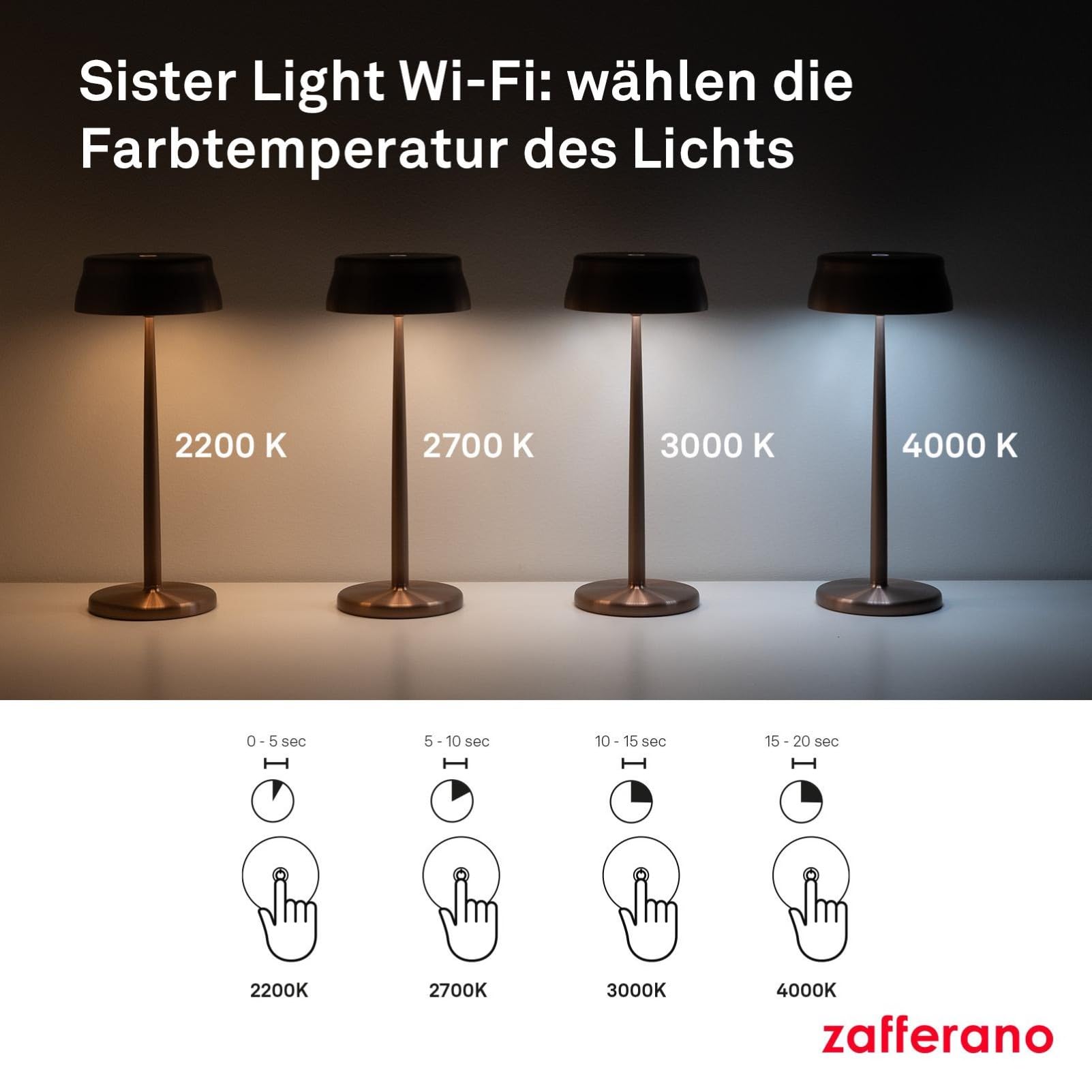 Zafferano, Sister Light Wi-Fi Lampe, Wiederaufladbare und Kabellose Tischlampe mit Fernbedienung, Geeignet für den Innen- und Außenbereich, Stufendimmer, 2200-4000 K, Höhe 32,8 cm, Farbe Gold
