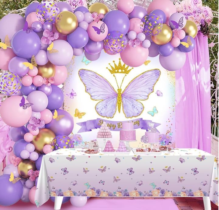 Butterfly Birthday Decorations for Girls - 101PCS Pink Purple Party Decorations include Balloons, Butterfly Stickers, Tablecloth and Happy Birthday Backdrop for Girls Women Princess Party Supplies - Image 7