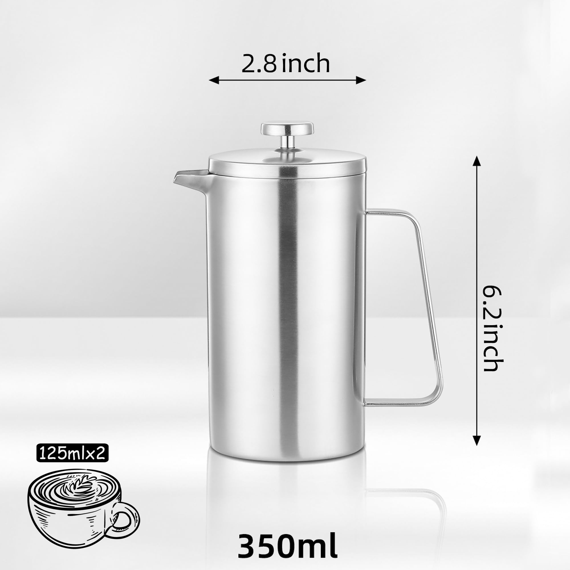 Misichao Petite cafetière à piston 2 tasses Argenté 350 ml | Cafetière isotherme en acier inoxydable avec système de filtration à 3 niveaux, cafetière manuelle
