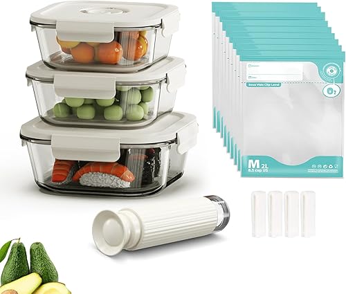 Miniatura 11 de Recipientes de vidrio con sellado al vacío para almacenamiento de alimentos, juego de 3 recipientes selladores de vidrio de borosilicato y 10 bolsas