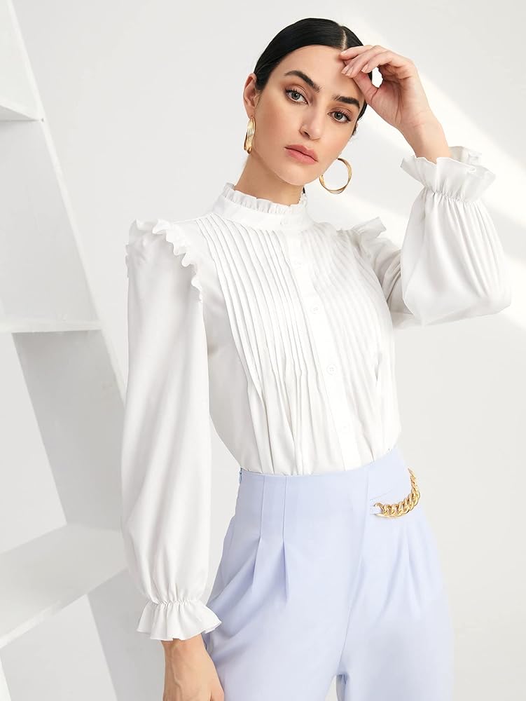 Wocrolse Blouses for Women Button Front Solid Pleated Ruffle Trim
