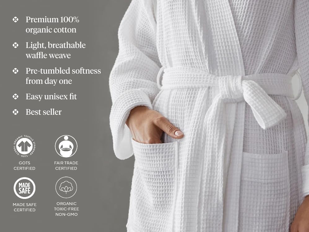 Coyuchi Unisex Organic Waffle Robe, Long Bathrobe, Cotton, Alpine White, (S-M)2